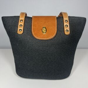 Eric Javits New York Small Navy Squishee Straw Handbag w/tan Leather Trim EUC
